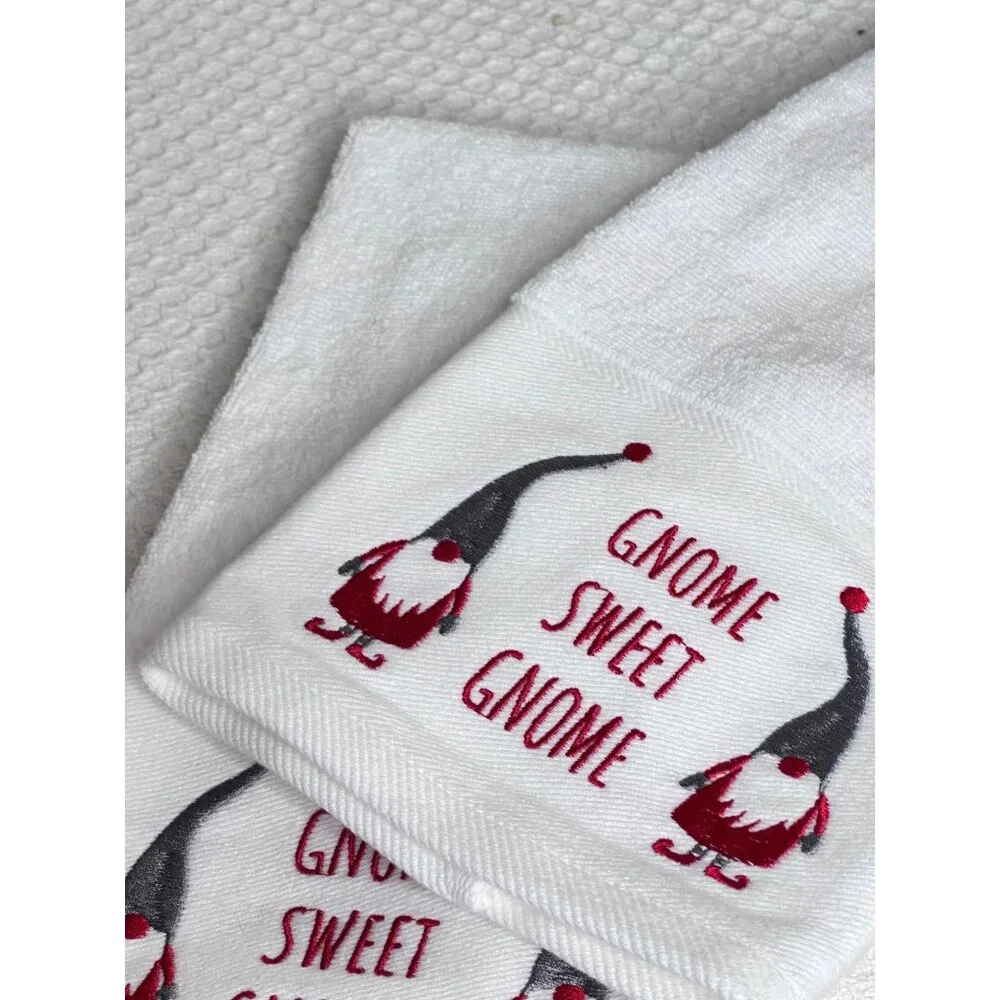 Two Charmont Collection Gnome Sweet Gnome Hand Towels White Red Designs Holiday